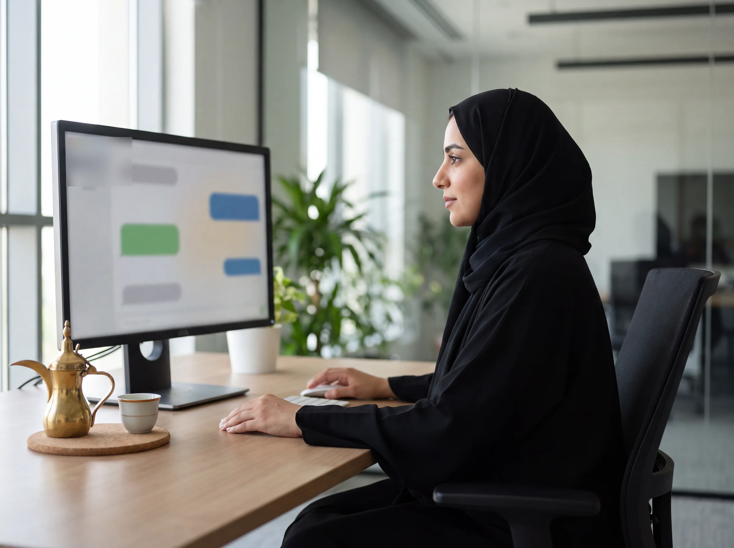 مسؤولة خدمة عملاء على مكتبها تتابع رسائل المحادثة على الشاشة، وبجانبها دلة قهوة