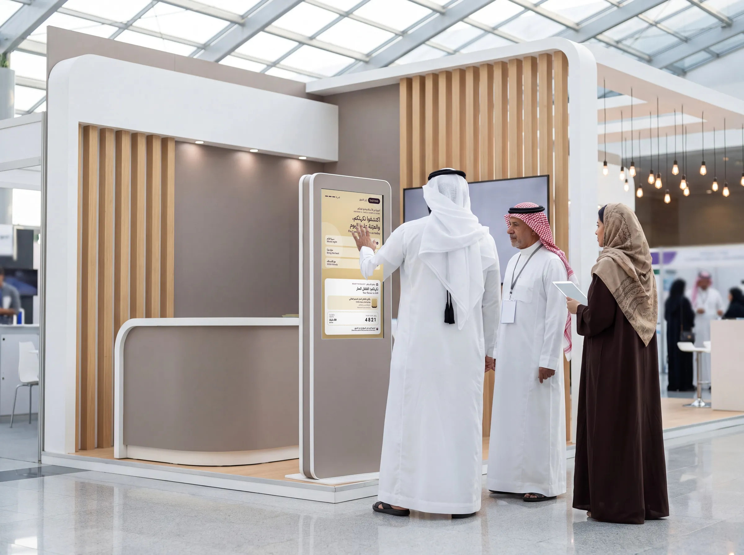 Visitors playing a tasting game on a touchscreen at an exhibition stand in Saudi Arabia