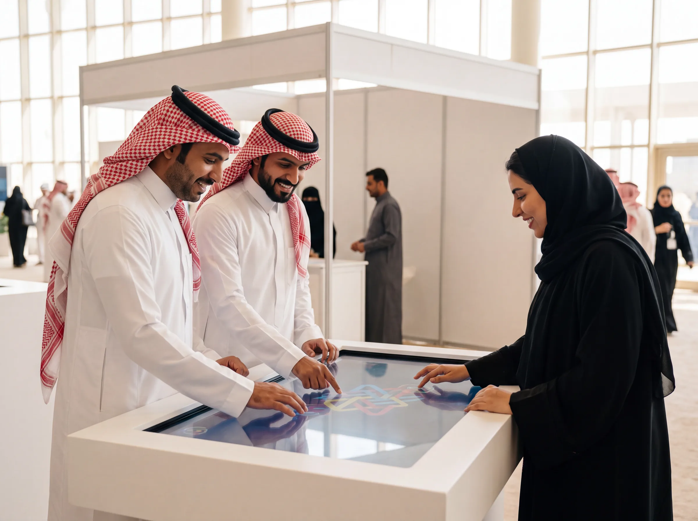 زوار في جناح معرض يلعبون لعبة على طاولة لمس كبيرة