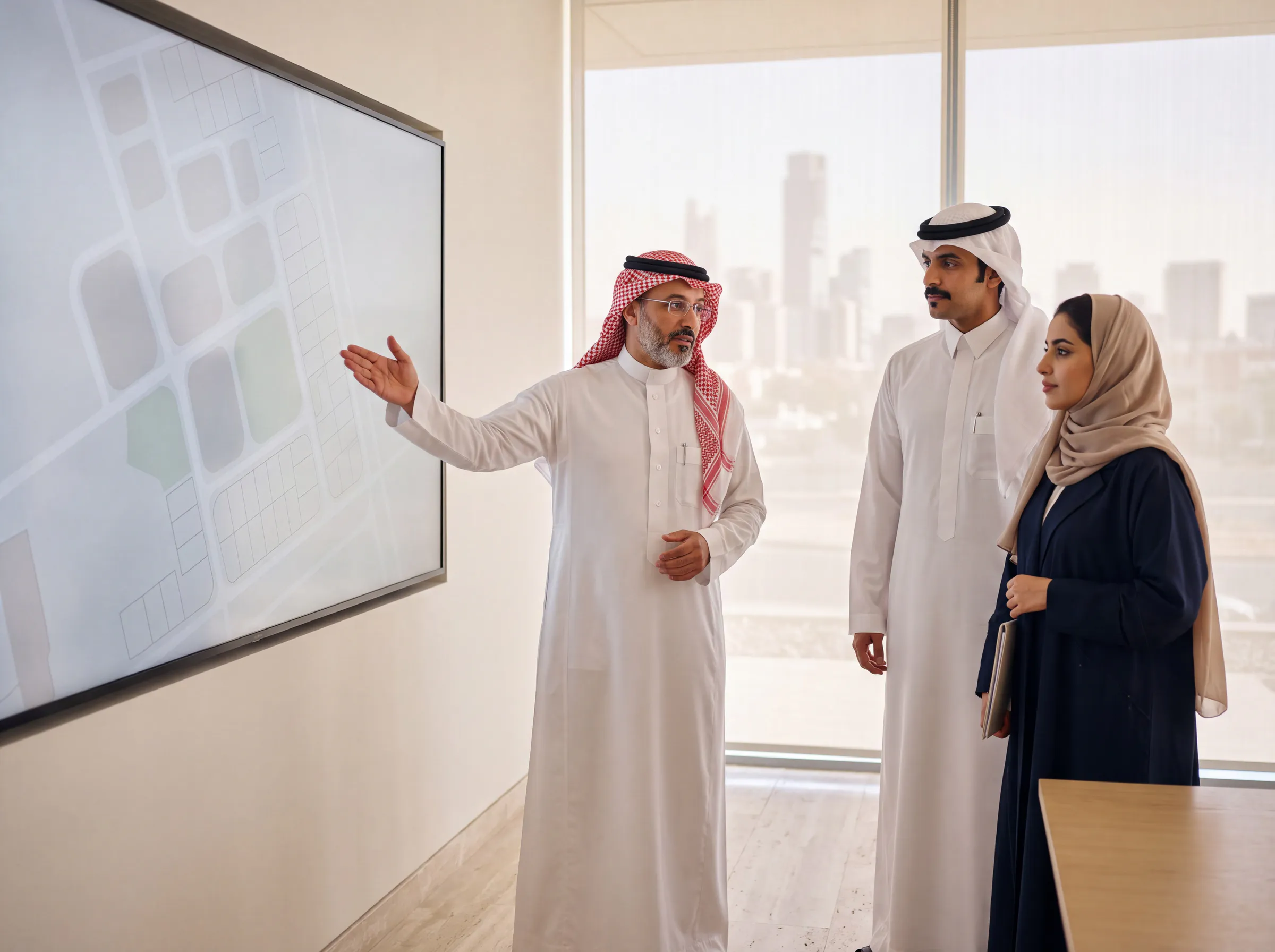 A sales manager presenting a residential development on a large screen to a Saudi couple