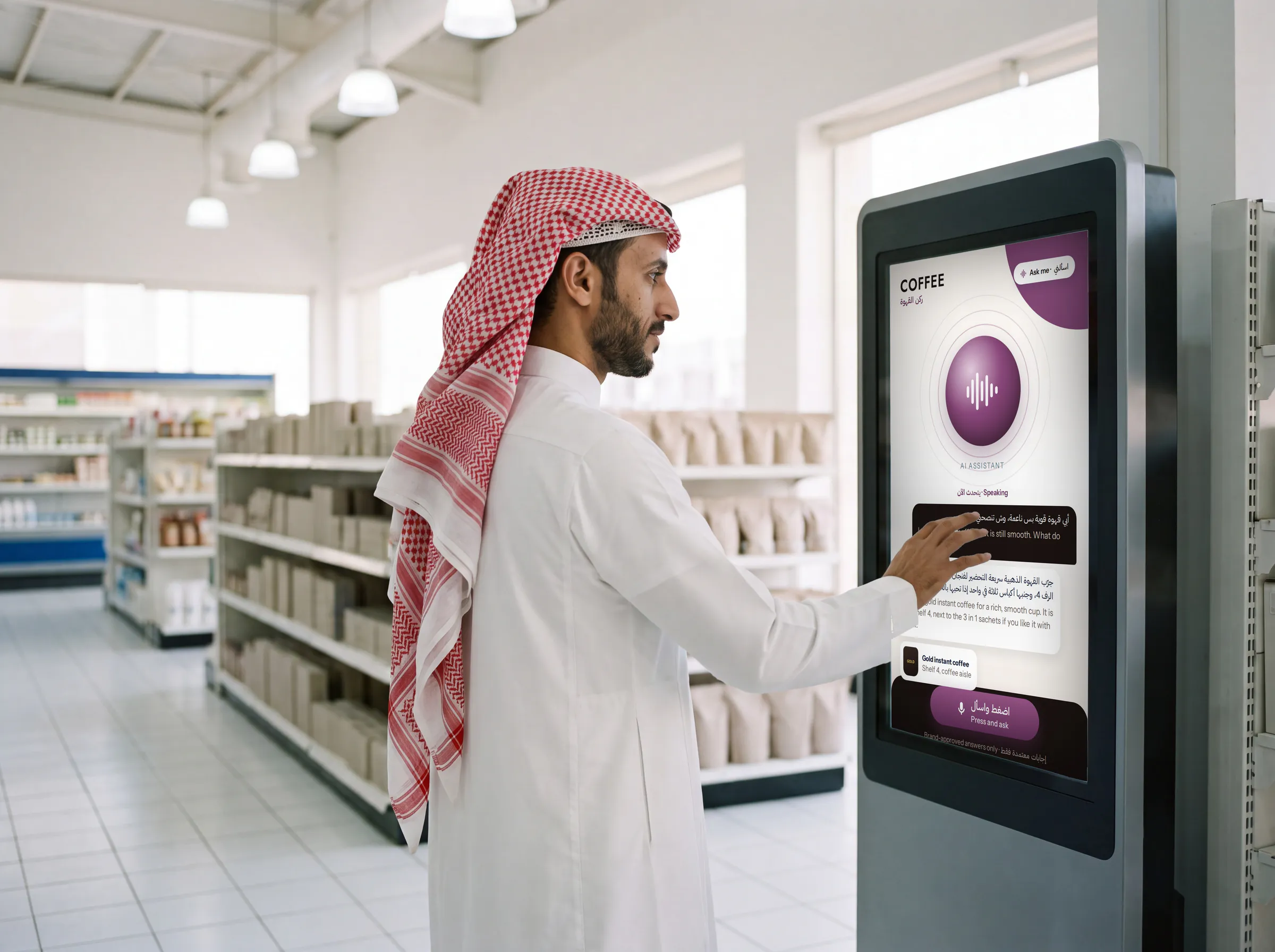 A shopper asking a touchscreen product guide for help in a store in Saudi Arabia