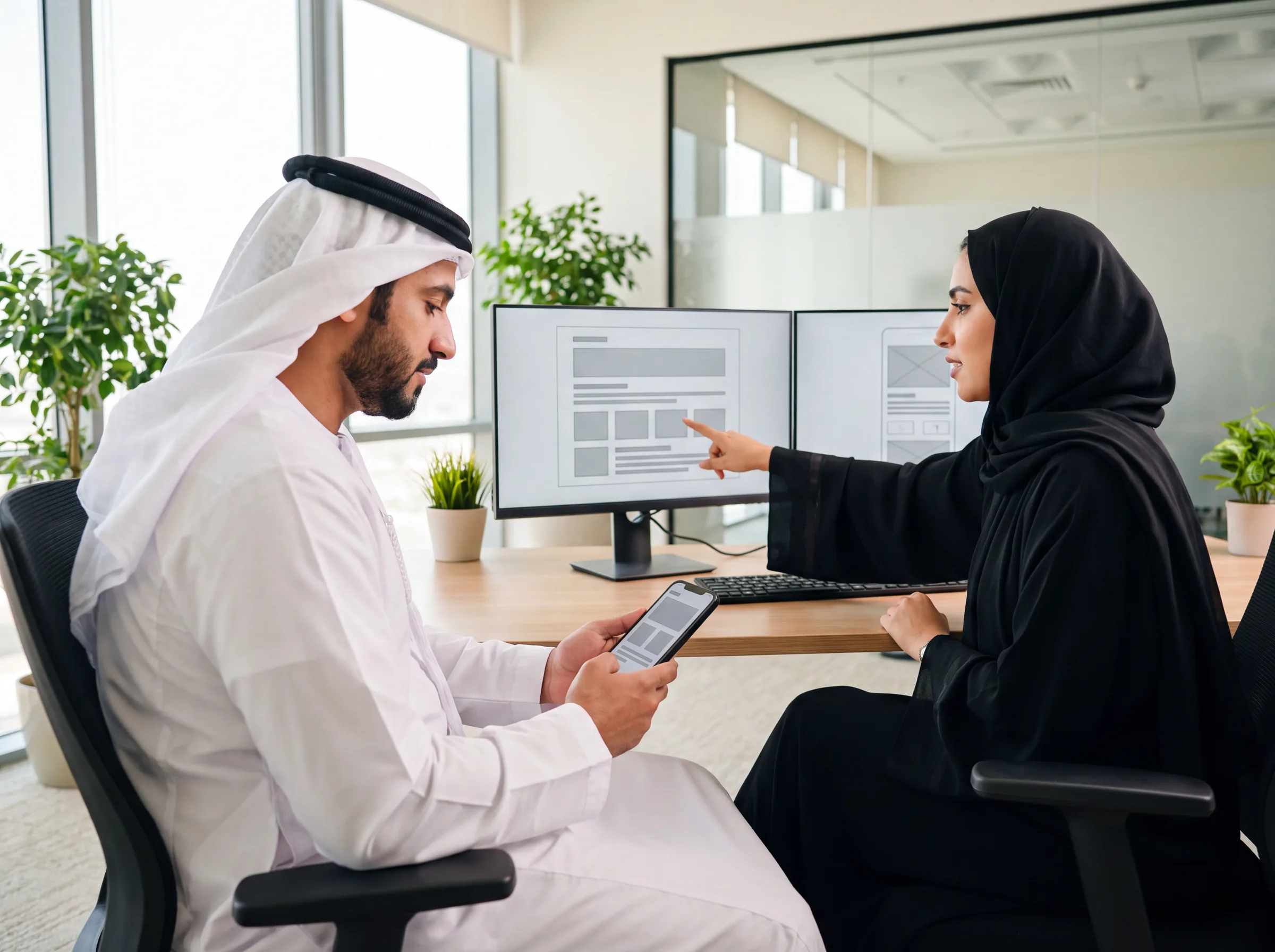 مهندسان على مكتب بشاشتين يراجعان تخطيط تطبيق، وأحدهما يحمل جوالًا