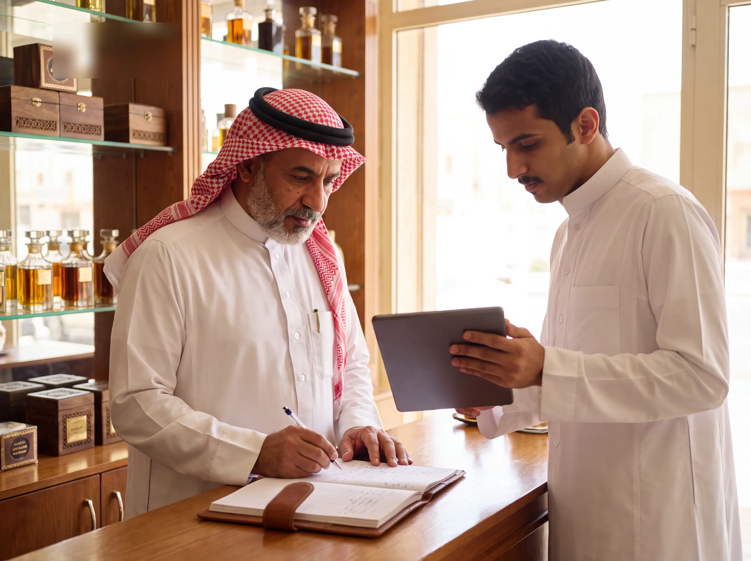 صاحب محل عود يكتب في دفتر ورقي وزميله يحمل جهازًا لوحيًا